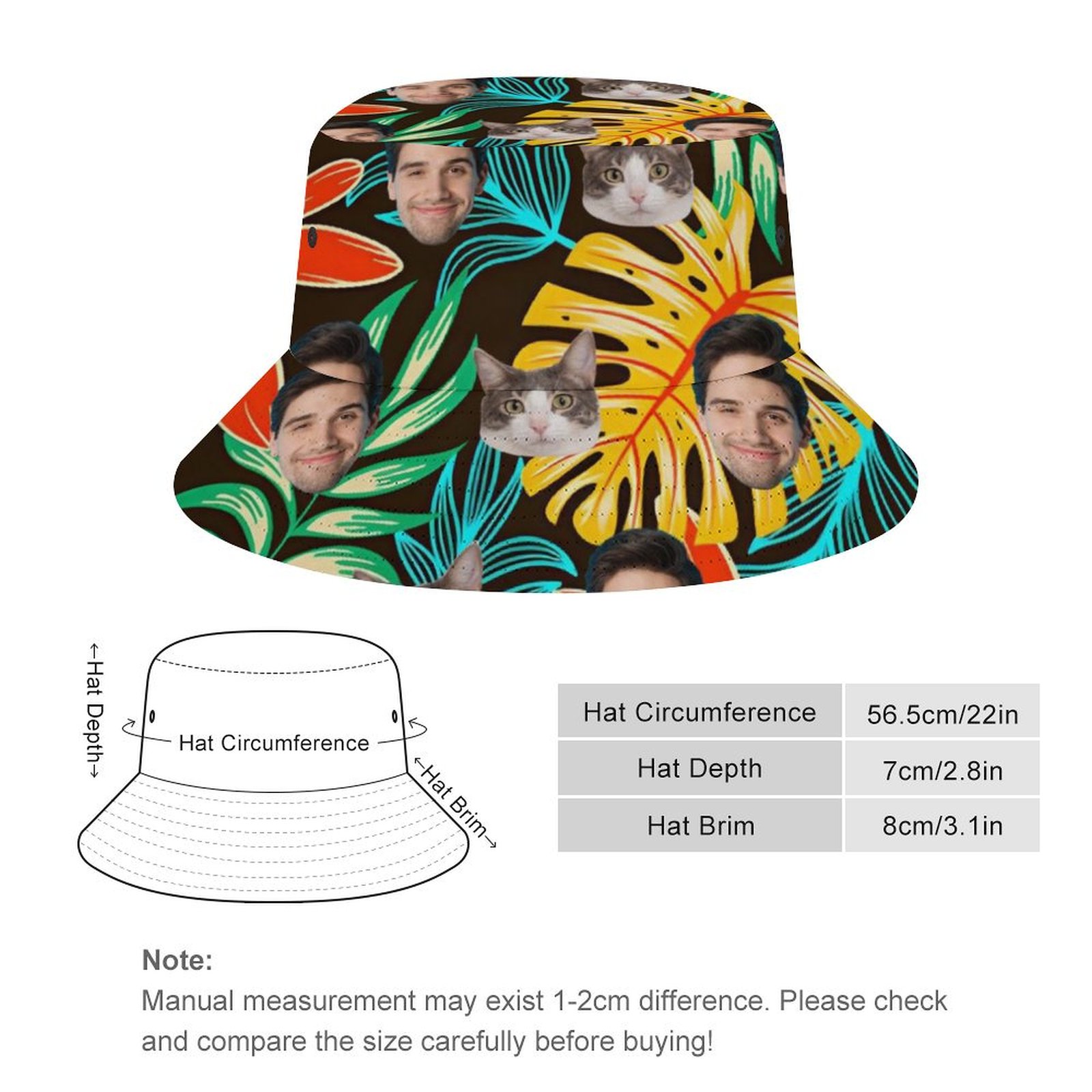 Hat Circumference:56.5cm/22in,Hat Depth:7cm/2.8in,Hat Brim:8cm/3.1in